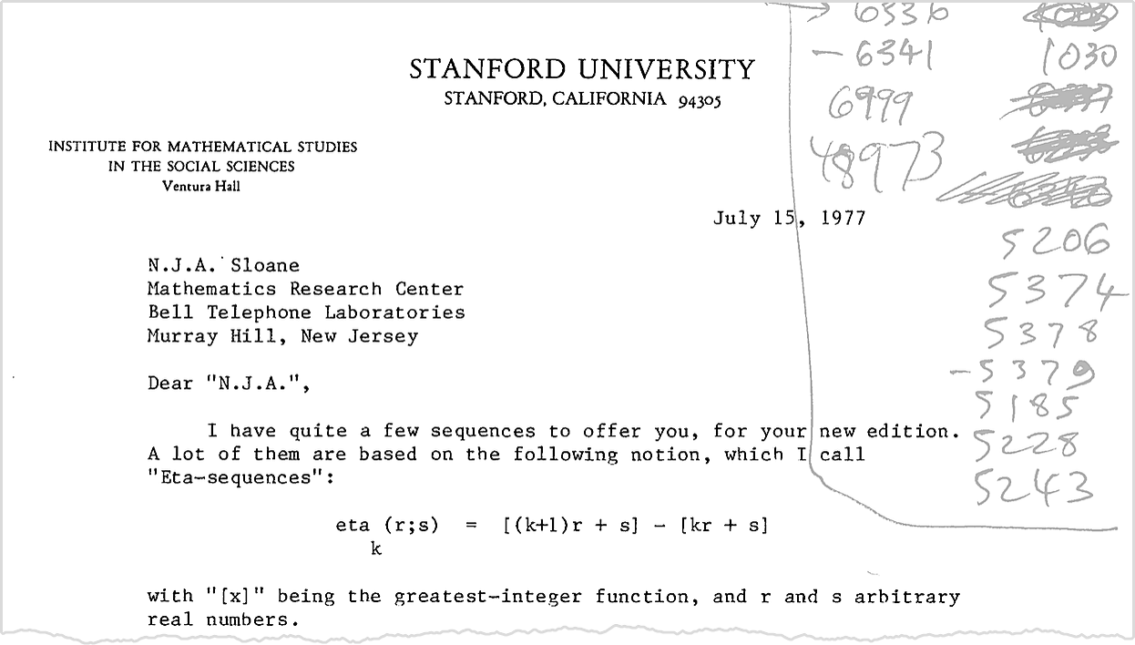 Douglas Hofstadter letter to Neil Sloane